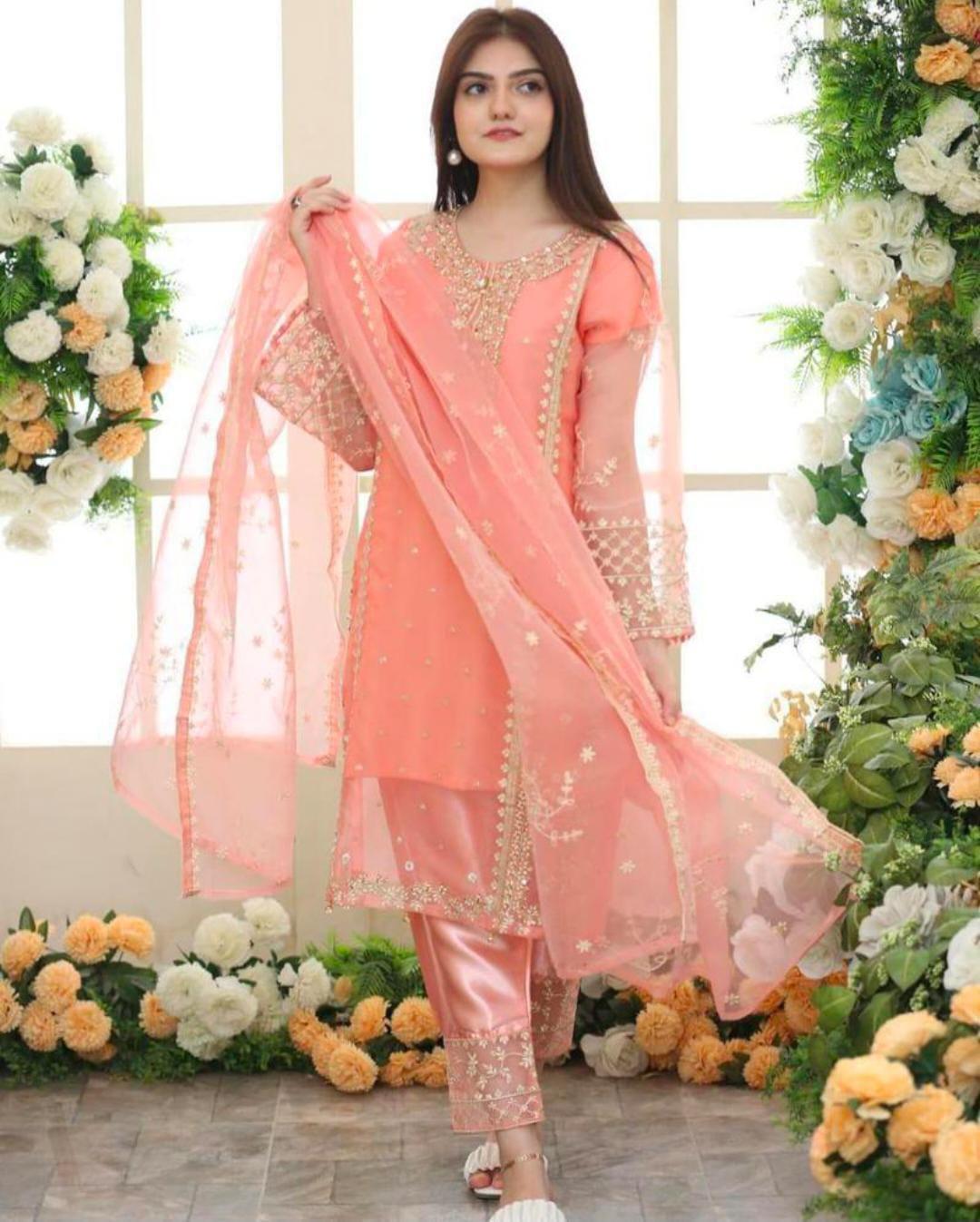 Embroidered Organza Suit Set for Women - 3 PCs