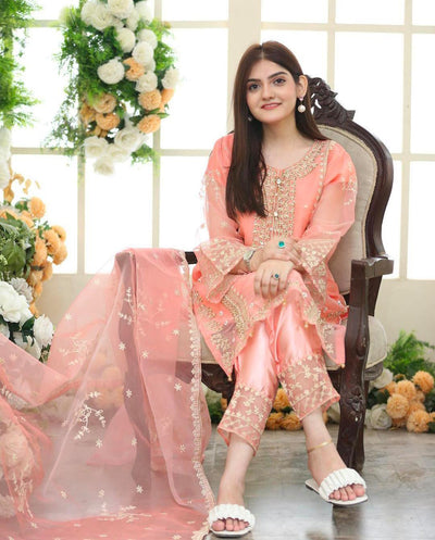 Embroidered Organza Suit Set for Women - 3 PCs